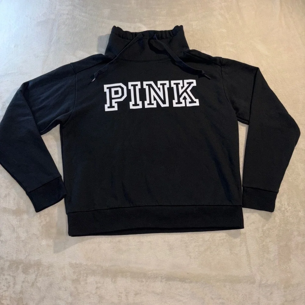 PINK Victorias Secret Funnel Neck Sweatshirt Black White Logo Cowl Pullover S